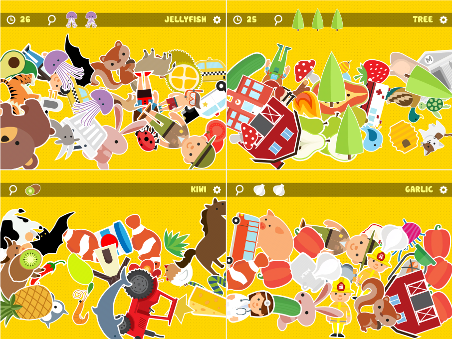 Eye Spy hidden-object collage with multiple colorful search boards.